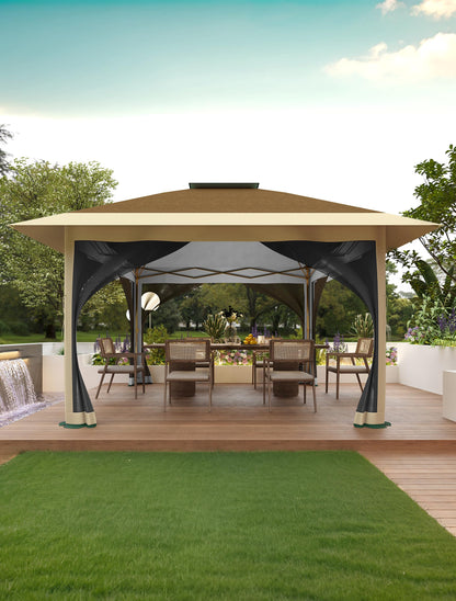 KYBOLT 12x12 Pop Up Gazebo Instant Canopy Tent with Netting 4 Stanbags Outdoor Shelter for Lawn, Garden, Backyard, Deck (Khaki + Dark Khaki)
