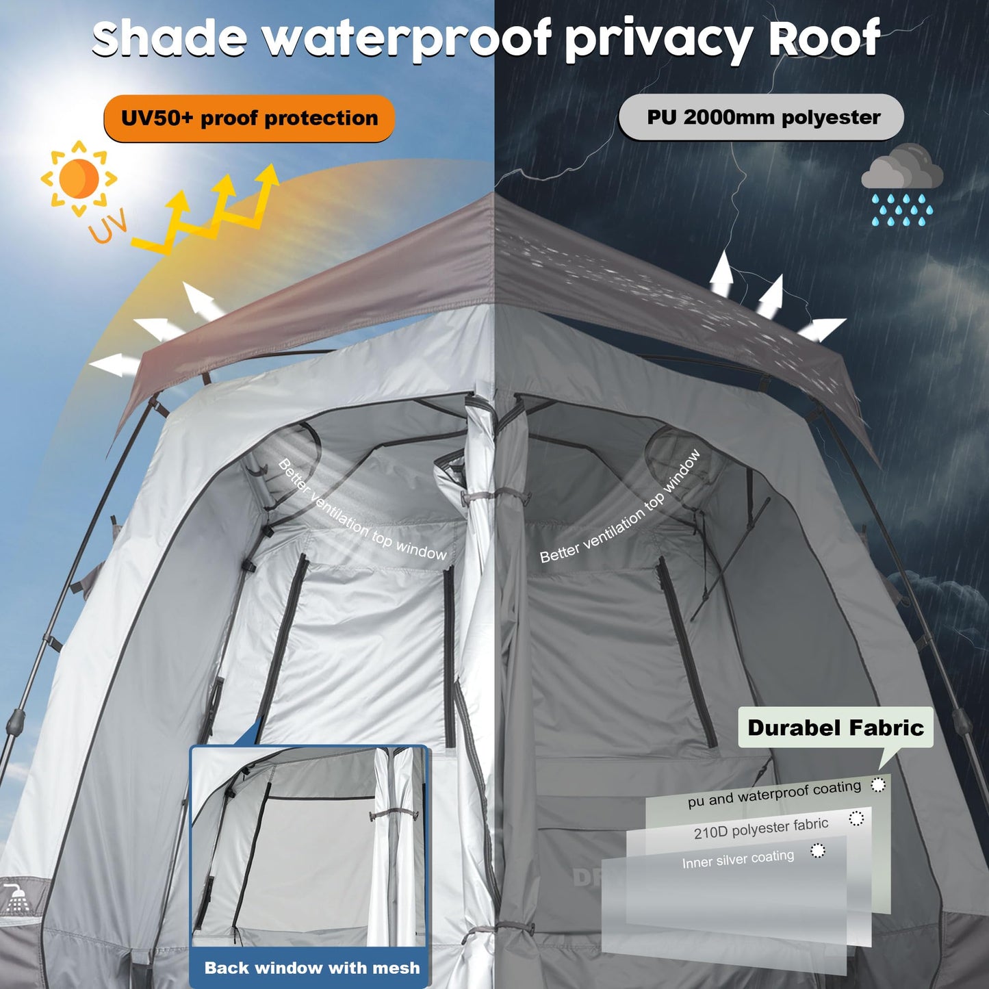 Porayhut Portable Camping Shower Tent Deluxe Changing Room Easy Set Up Privacy Shelter,Large Toilet Tent 2 Rooms with Floor Drain Design for Beach, Camping,Hiking with Stakes and Ropes for Stability