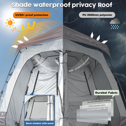 Porayhut Portable Camping Shower Tent Deluxe Changing Room Easy Set Up Privacy Shelter,Large Toilet Tent 2 Rooms with Floor Drain Design for Beach, Camping,Hiking with Stakes and Ropes for Stability