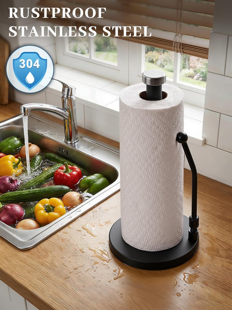 SMARTAKE Paper Towel Holder, Paper Towel Dispenser Standing Weighted Base Non Slip, Spring Arm Fit Most Size Paper Roll, Stainless Steel Paper Towel Holder for Home Kitchen Countertop Tabletop, Black
