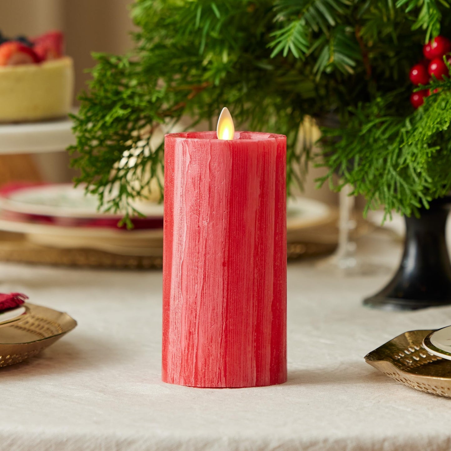 Luminara Selenite Looking Flameless Candle, Holiday Red 3" x 6.5", Battery Operated Real Wax Moving Flame LED Pillar w/Timer, Home Decor Unscented