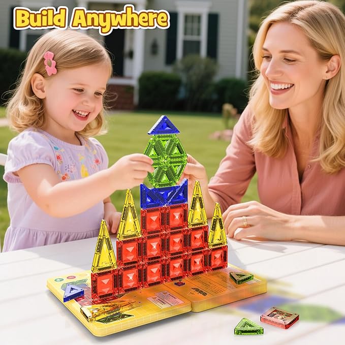 Mini Magnetic Tiles Travel Set - 40PCS Diamond Texture Magnetic Building Blocks for Kids 10% Thicker &amp Portable Yellow Metal Storage Box Montessori STEM Educational Toys Gift for Ages 3+