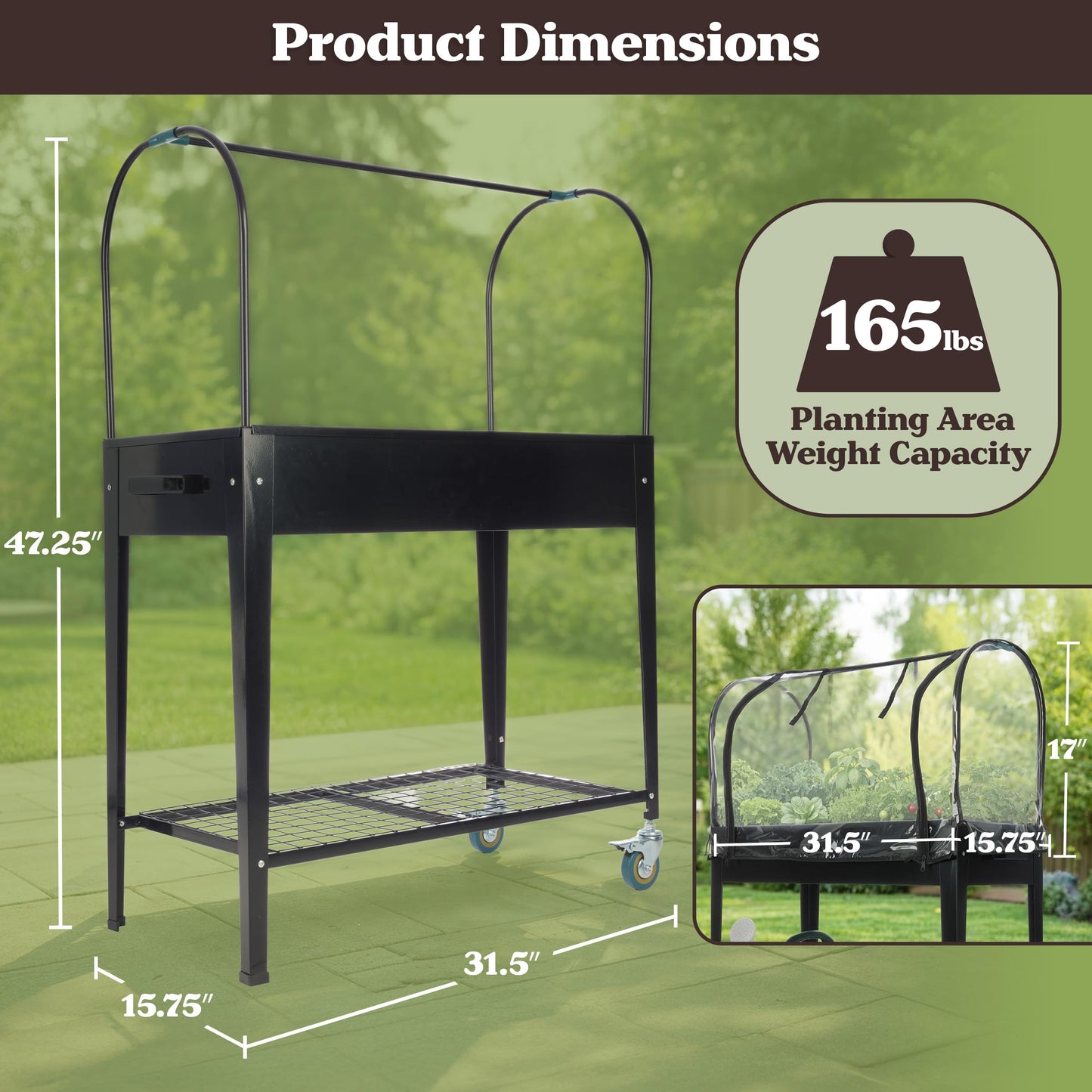Raised Garden Bed with Cover - 31.5”x15.75”x47.25” Metal Elevated Planter Box with Legs, Greenhouse Cover, Wheels, and Storage Shelf - for Growing Flowers, Vegetables, or Herbs by Pure Garden (Black)