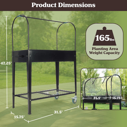 Raised Garden Bed with Cover - 31.5”x15.75”x47.25” Metal Elevated Planter Box with Legs, Greenhouse Cover, Wheels, and Storage Shelf - for Growing Flowers, Vegetables, or Herbs by Pure Garden (Black)