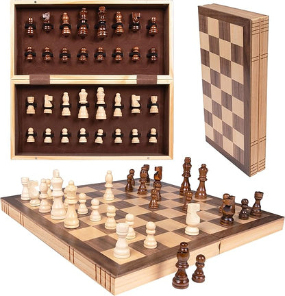 Premium Wooden Chess Set 15.7 Inches Chess Board Game Set for Adults - Folding Board - Pieces Storage Slots Handmade Portable Travel Chess Game - Beginner Chess Set for Kids 6 up Age