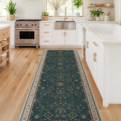 Dark Green Kitchen Rug - Modern Vintage Boho Floral Design | Washable Non-Slip 2x5 Runner for Entryway