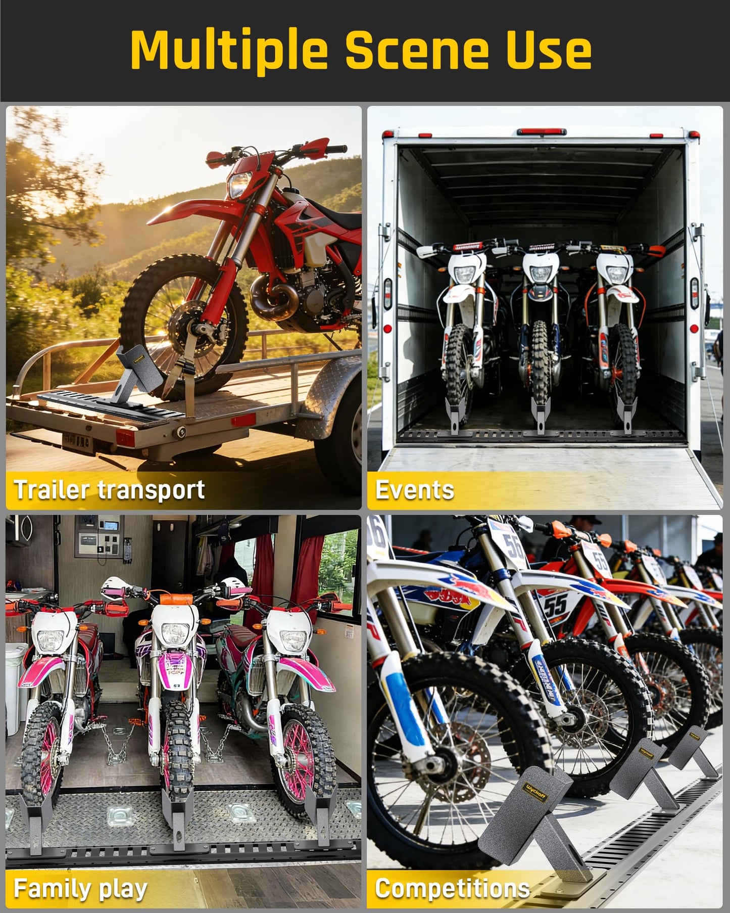 Wyckoff 4-Pack E-Track Dirt Bike Wheel Chock with Track Clip, 360° Swivel, Under 1-Minute Install Remove, Fits Floor or Wall E-Track, Heavy-Duty Accessory for Trailers, Dirt Bikes & Bicycles (4-Pack)