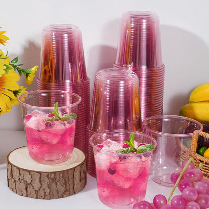 50 Pcs Pink Clear Plastic Cups 12 oz, Bulk Disposable Stemless Wine Glasses, Cute Pink Plastic Party Cups for Meeting Wedding Birthday Valentines Christmas Cocktail Theme Party Supplies Decorations