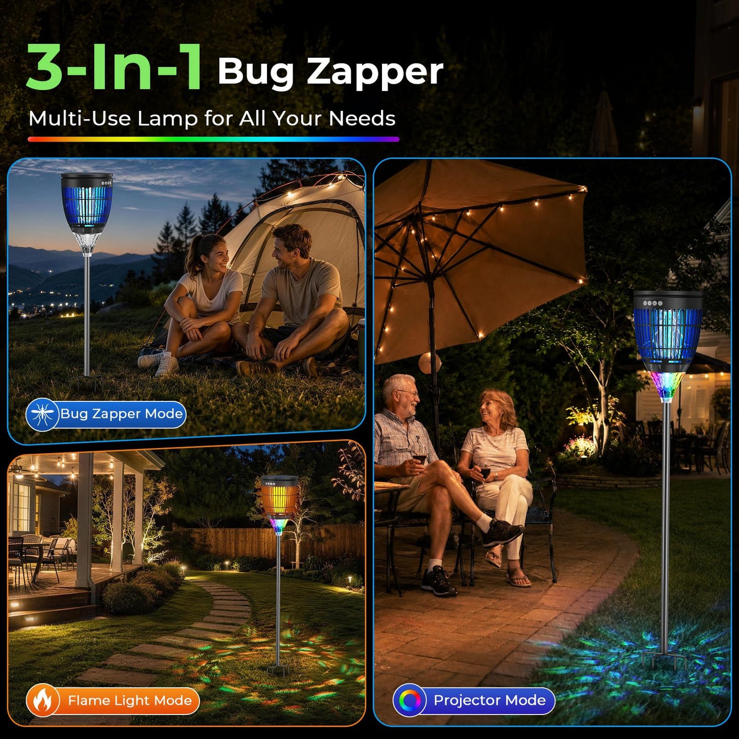 Solar Bug Zapper Outdoor, 3 in 1 Solar Mosquito Zapper with Flame, Projection Mode, Auto On/Off, Grounding Bracket, IPX5 Waterproof, Solar Powered Mosquito Trap for Paito Backyard Garden Camping