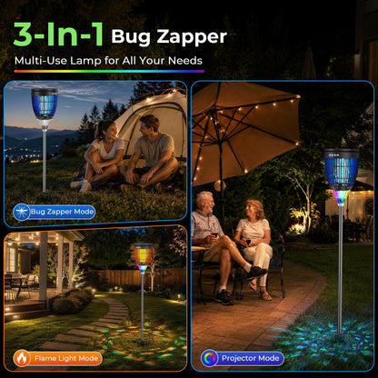 Solar Bug Zapper Outdoor, 3 in 1 Solar Mosquito Zapper with Flame, Projection Mode, Auto On/Off, Grounding Bracket, IPX5 Waterproof, Solar Powered Mosquito Trap for Paito Backyard Garden Camping