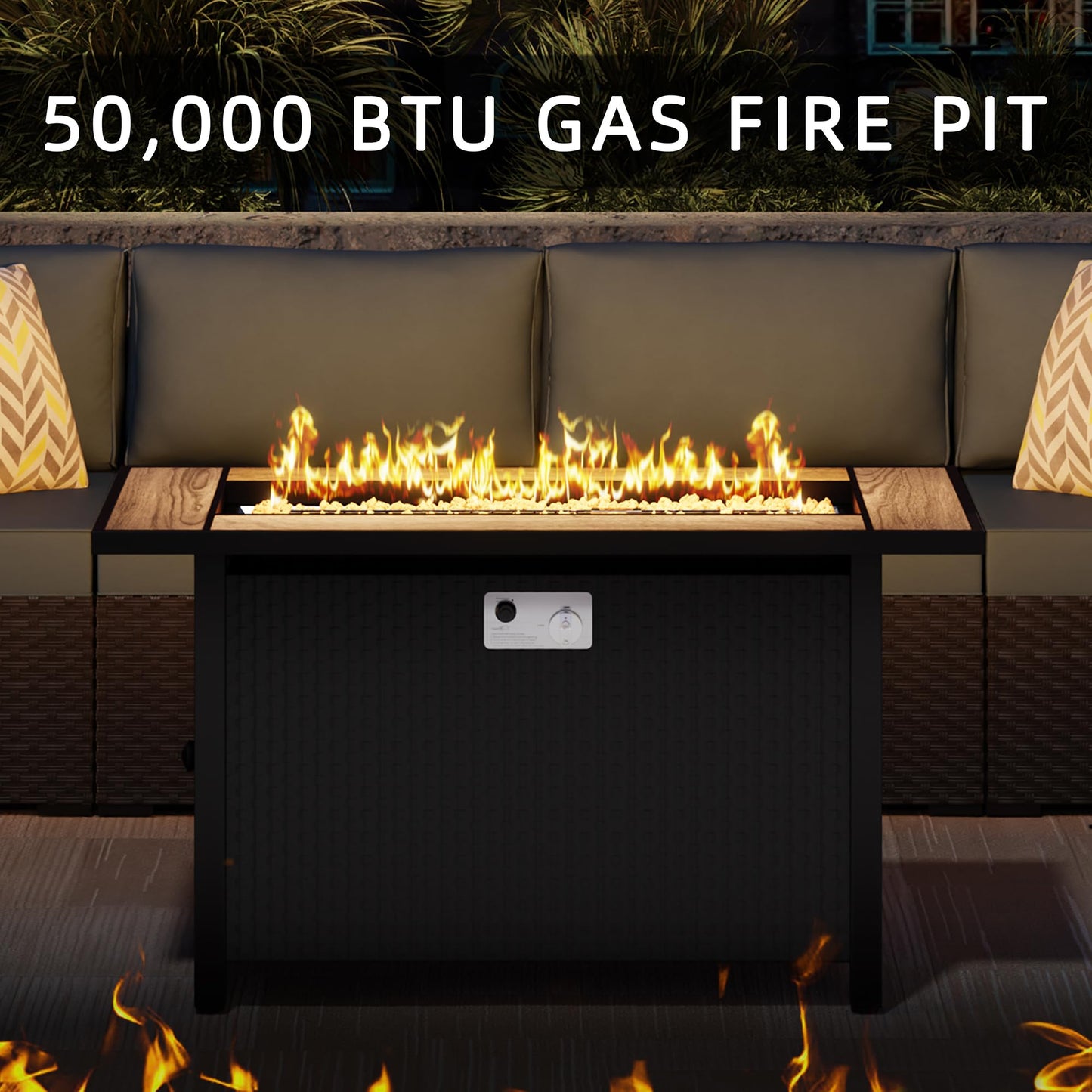 45 Inch Propane Fire Pit Table, 50,000 BTU Outdoor Gas Fire Pit for Patio & Backyard, Rectangular Firepit Table with Lava Rocks, 2-in-1 Convertible Outdoor Table