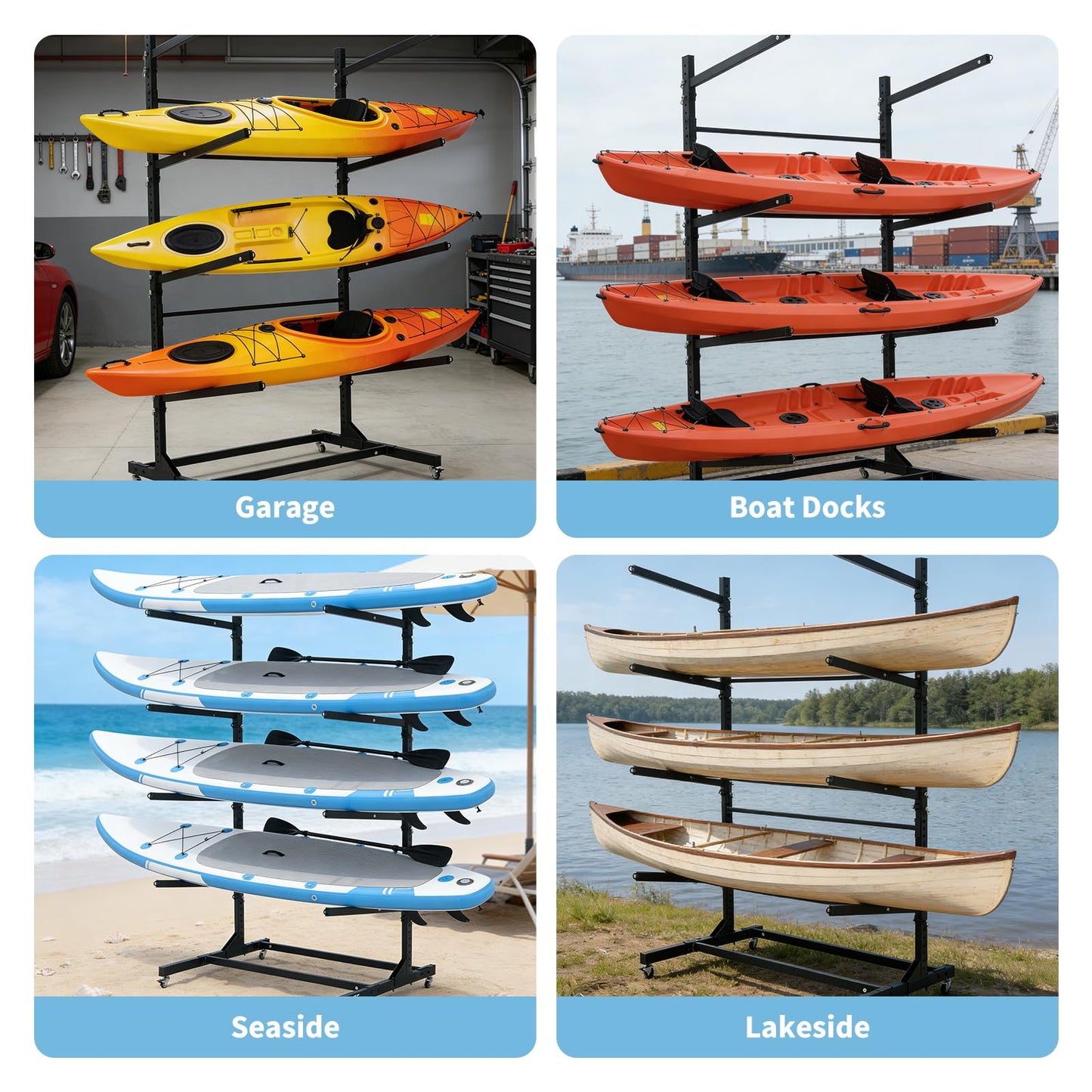 GarveeLife Heavy Duty 4-Tier Freestanding Kayak Storage Rack with Adjustable Detachable Wheels – Stand for Kayaks, Canoes, SUPs, Surfboards – Indoor or Outdoor, Garage Paddleboard Organizer,