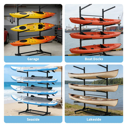 GarveeLife Heavy Duty 4-Tier Freestanding Kayak Storage Rack with Adjustable Detachable Wheels – Stand for Kayaks, Canoes, SUPs, Surfboards – Indoor or Outdoor, Garage Paddleboard Organizer,