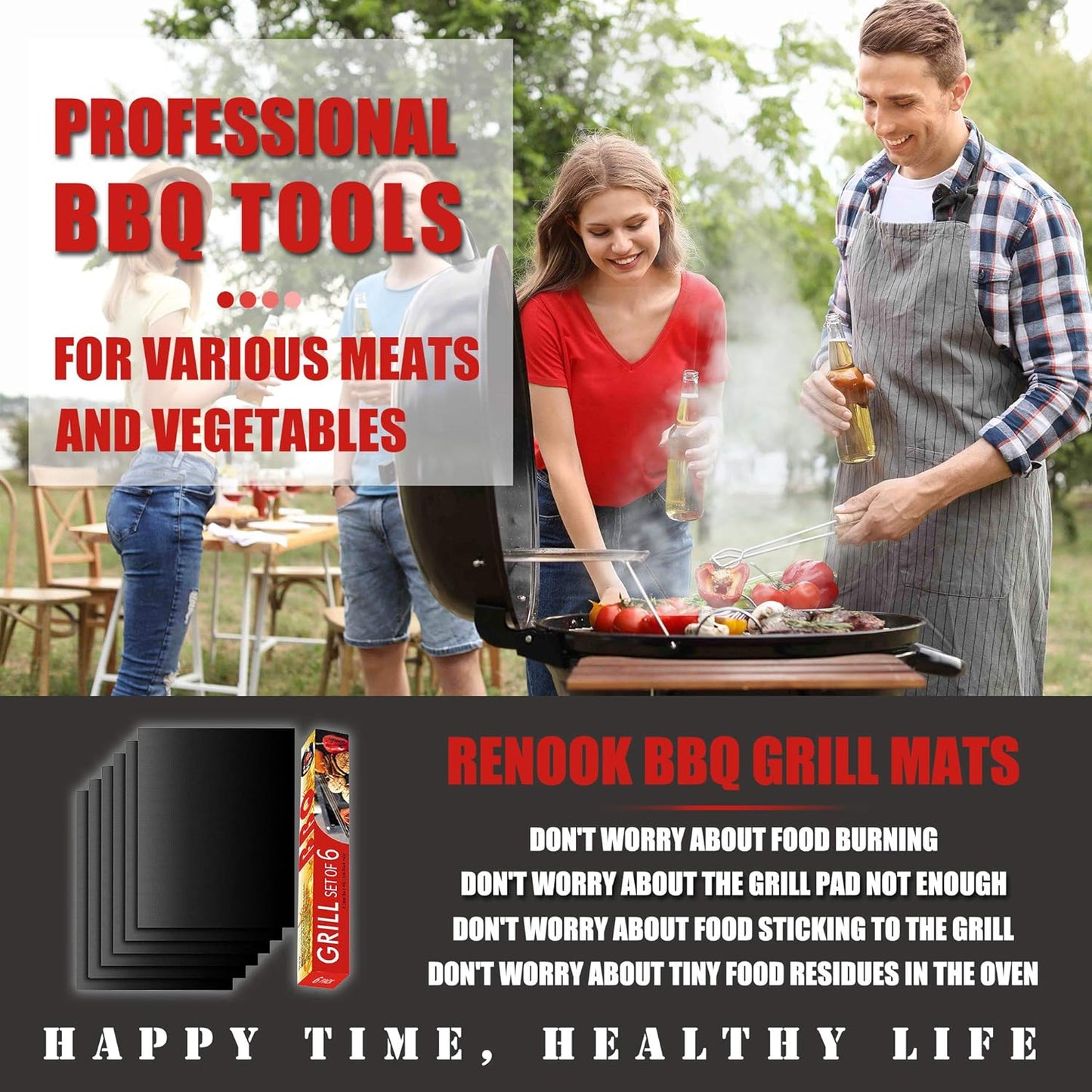 Renook Grill Mat Set of 6 | 100% Non-Stick Reusable Mats for Easy Cleaning - 15.75 x 13-Inch, Black