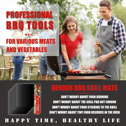 Renook Grill Mat Set of 6 | 100% Non-Stick Reusable Mats for Easy Cleaning - 15.75 x 13-Inch, Black