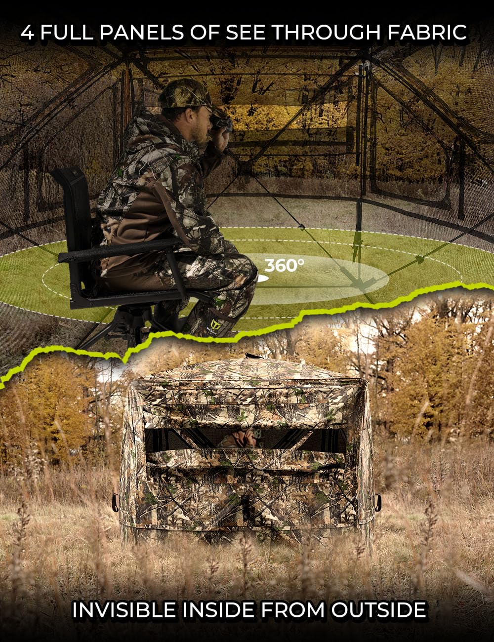 TIDEWE Hunting Blind 360°See Through with Large Open Door, Pop Up Ground Blind with Removable Curtain & Carrying Bag, Portable Resilient Tent(Forest Fade Camo, 2-3 Person, 4-Sided Swing Door)