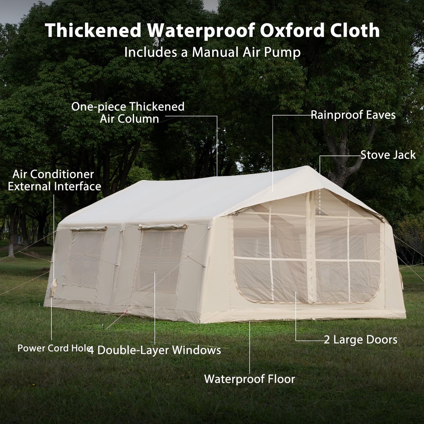 WaldZimmer 17sq Beige Inflatable Camping Tent with Hand Pump Easy Setup Waterproof Windproof Outdoor Blow up Tent 8-12 Person Oxford 4 Season Glamping Air Tents Cabin House with Mesh Windows & Door
