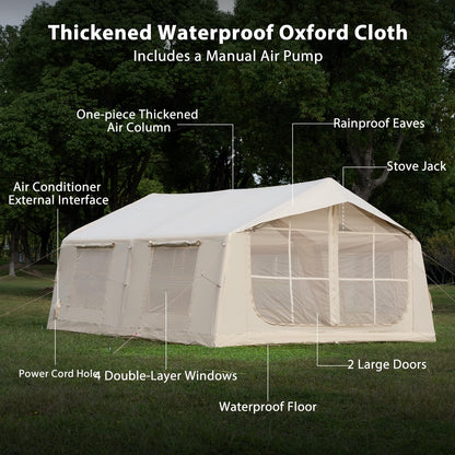 WaldZimmer 17sq Beige Inflatable Camping Tent with Hand Pump Easy Setup Waterproof Windproof Outdoor Blow up Tent 8-12 Person Oxford 4 Season Glamping Air Tents Cabin House with Mesh Windows & Door