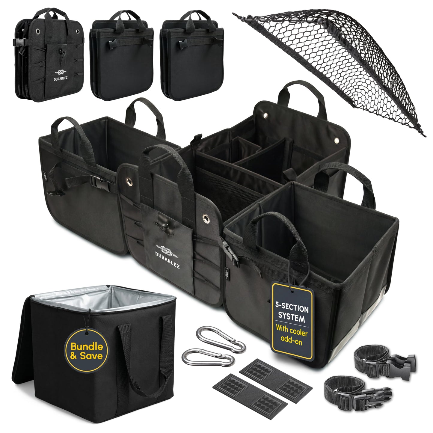 DURABLEZ Trunk Organizer 5-Section Modular XL Car Storage System – Extra Large Cargo Organizer for Car Trunk, Foldable Multi-Compartment Auto Organizer, Heavy Duty Oxford 1680D – Black