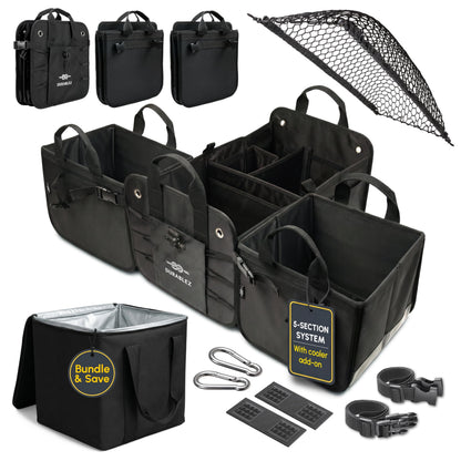 DURABLEZ Trunk Organizer 5-Section Modular XL Car Storage System – Extra Large Cargo Organizer for Car Trunk, Foldable Multi-Compartment Auto Organizer, Heavy Duty Oxford 1680D – Black