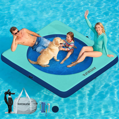 AWEMUFA 8ft x 8ft Inflatable Floating Dock Platform with Mesh, Floating Island Raft Lake Pool Inflatable Water Hammock Swim Air Platform, Floating Water Mat Island Floats for Adults Travel Floats