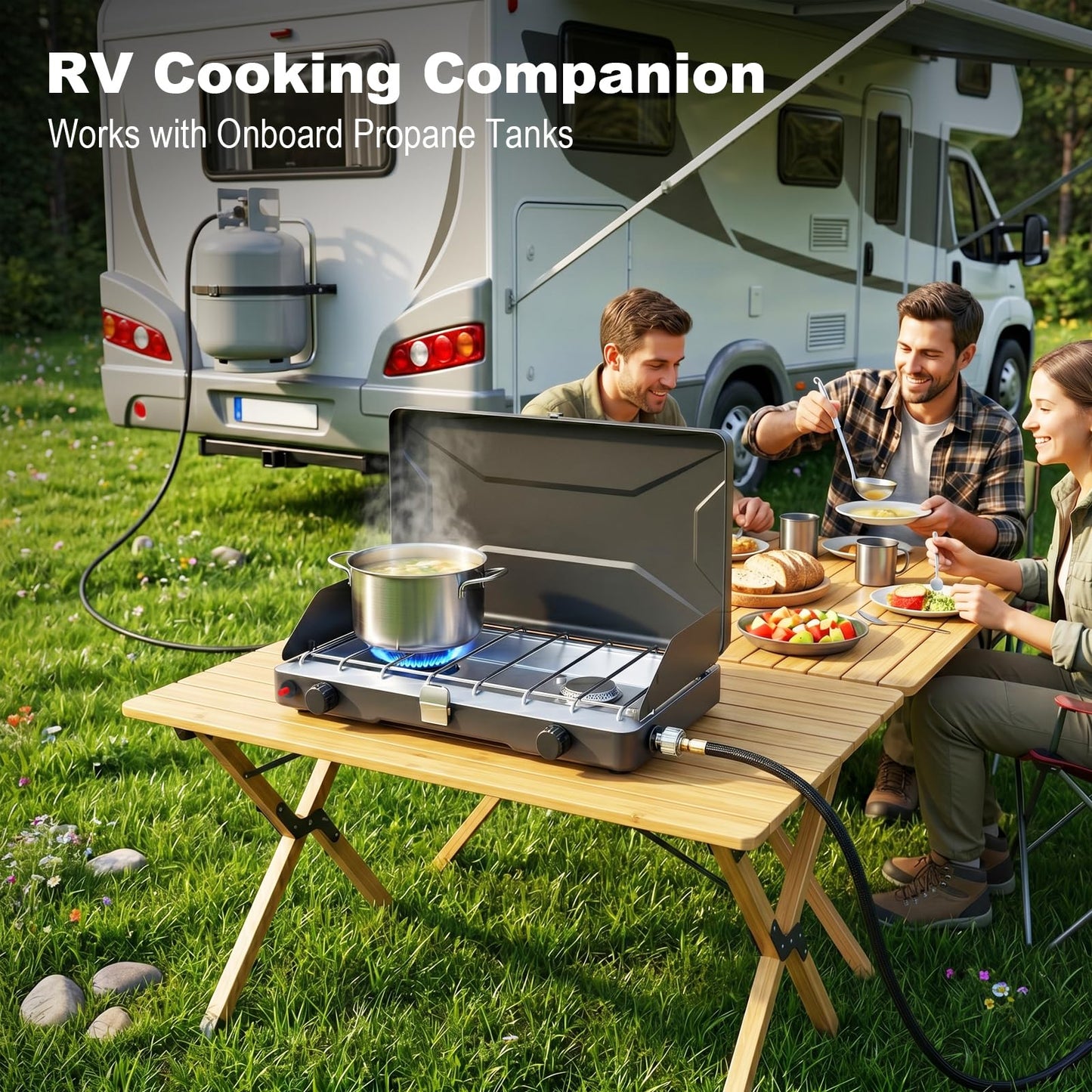 Portable Camping Stove, Propane Gas Camping Cooktop, 2 Burner, 20000 BTUs, Windscreen, Instant Ignition with Adjustable Burners Pressure Regulator for Camping Cooker BBQ Tailgating RV (Black)