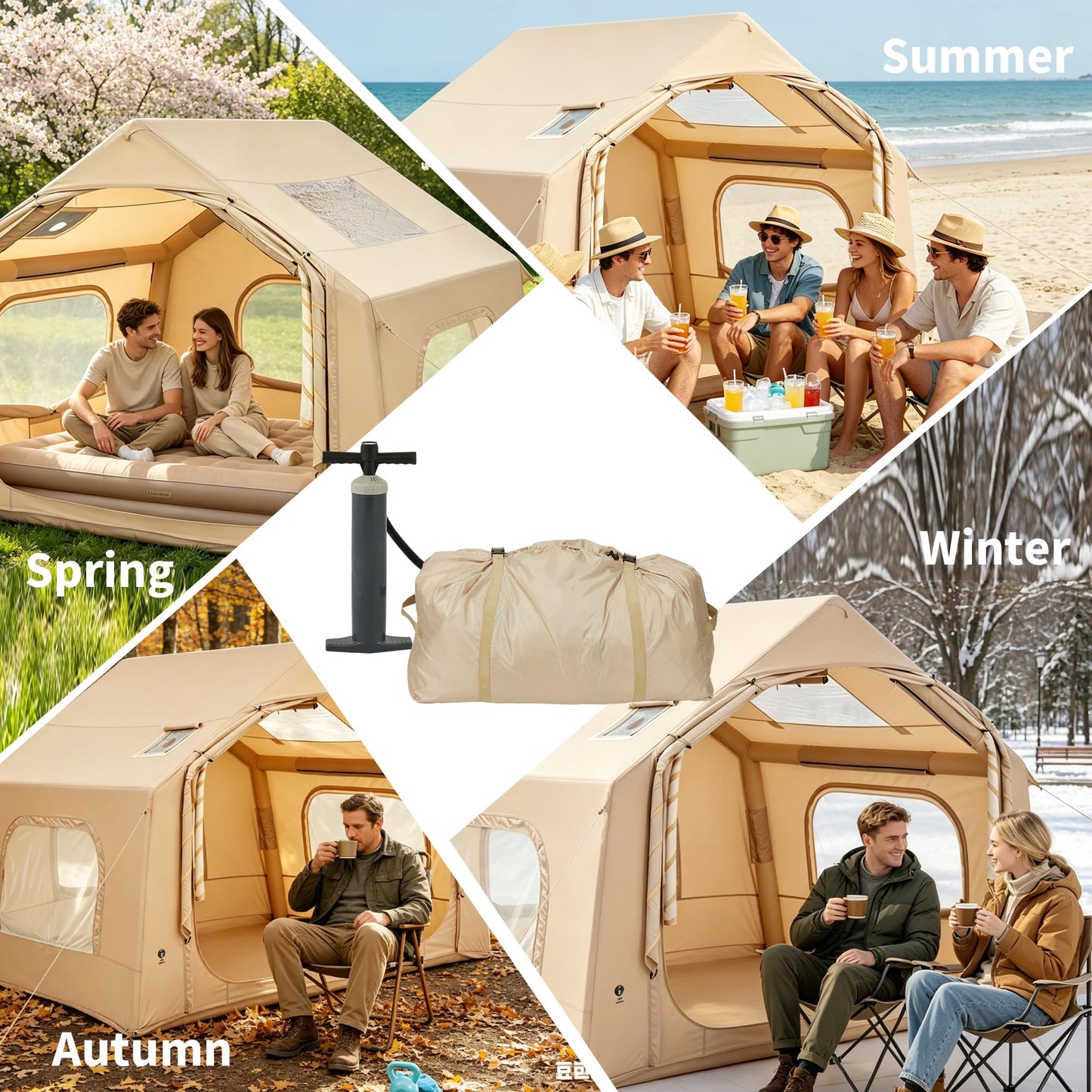 Inflatable Camping Tent for 3-5 Person, Quick Setup Blow Up Tent with Hand Pump, 210D Oxford Air Glamping Tents with Skylight & Stove Jack, 4 Season for Outdoor Camping, Beach, Hiking