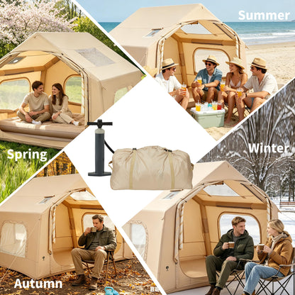 Inflatable Camping Tent for 3-5 Person, Quick Setup Blow Up Tent with Hand Pump, 210D Oxford Air Glamping Tents with Skylight & Stove Jack, 4 Season for Outdoor Camping, Beach, Hiking