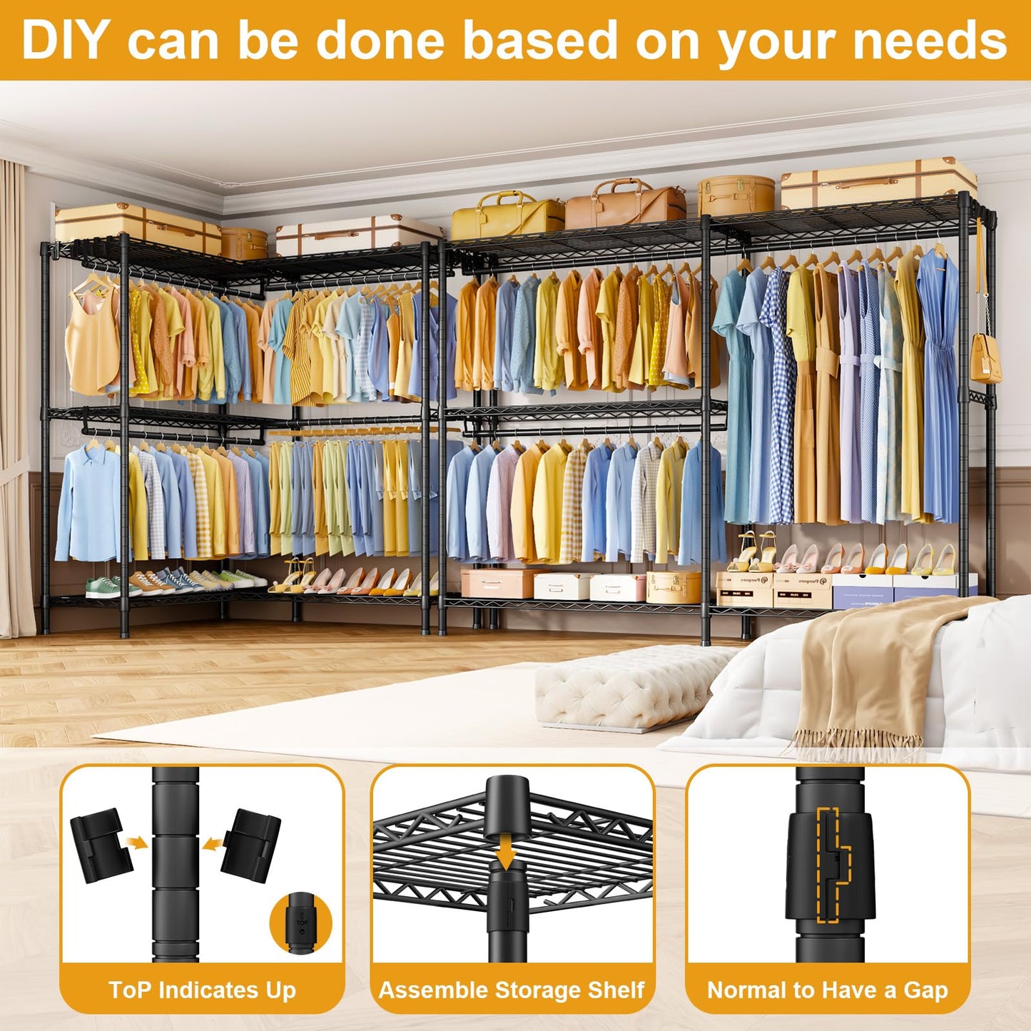 ULIFHOME E15 Pro Garment Rack L Shaped Clothes Rack for Corner，Freestanding Clothing Racks for Hanging Clothes，Heavy Duty Closet System with 4 Hanging Rods & 8 S Hooks，48.8"W x 15.8"D x 78.4"H，Black