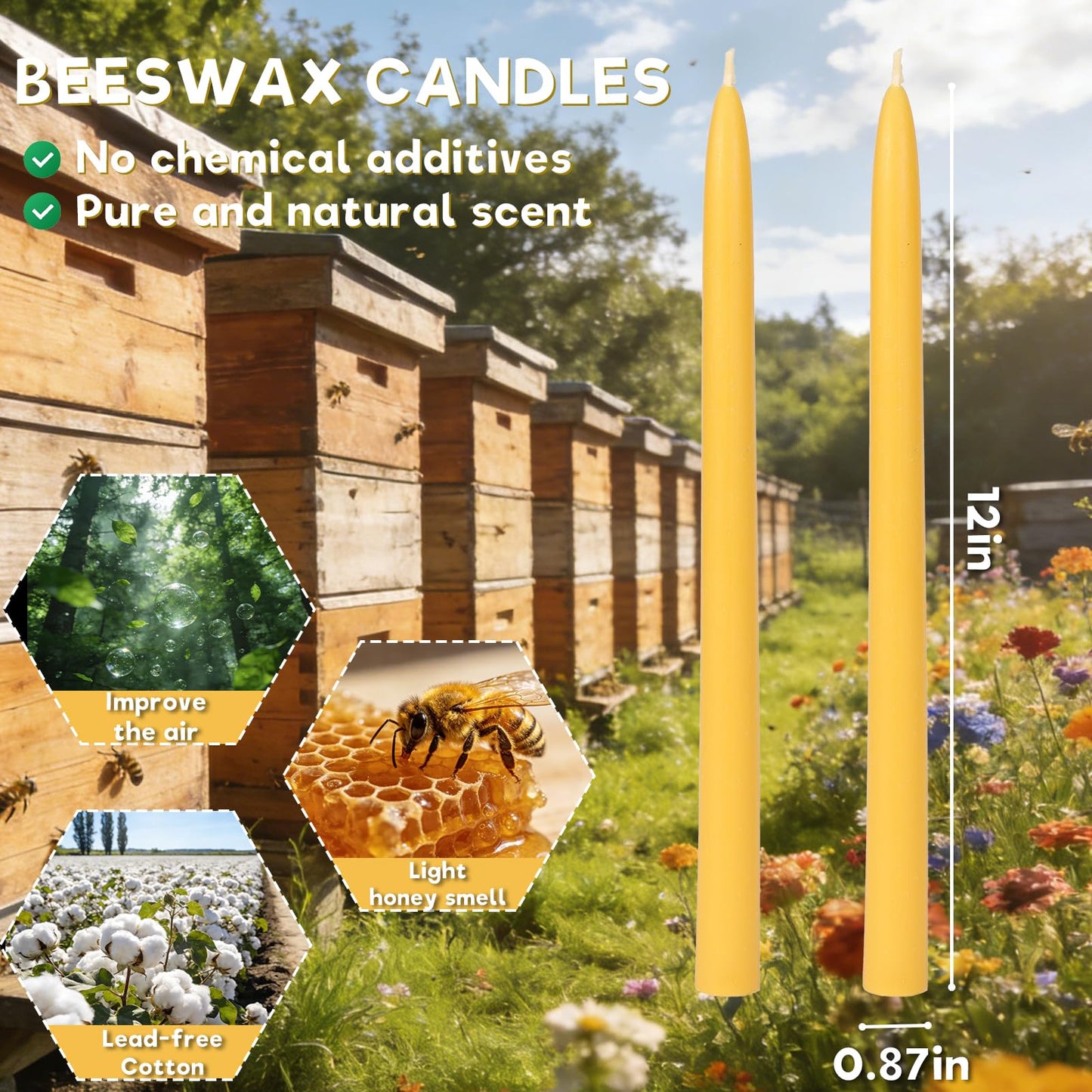 12 Inch Beeswax Taper Candles, 12 Pack Natural Beeswax Candlesticks 12 Hour Extra-Long Burning Time Tapered Beeswax Candle Sticks Smokeless Unscented Emergency Candles Bees Wax Candle for Home Prayer