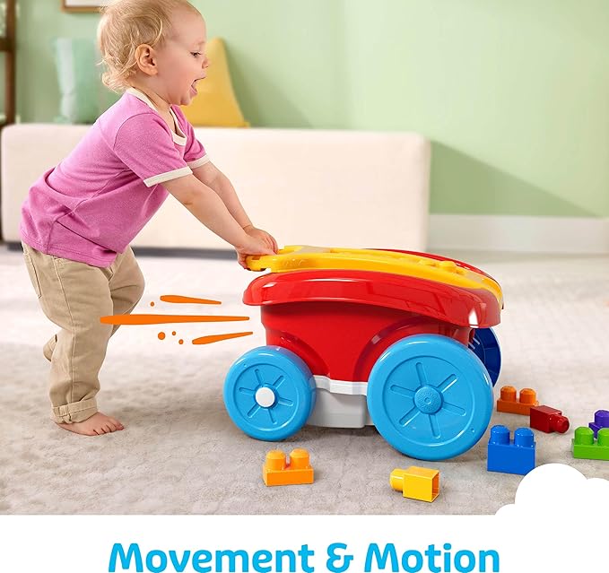 MEGA BLOKS First Builders Toddler Building Toy Block Scooping Pull Wagon with 20 Pieces and Built-in Storage Picks Up Blocks Red Kids Ages 1+
