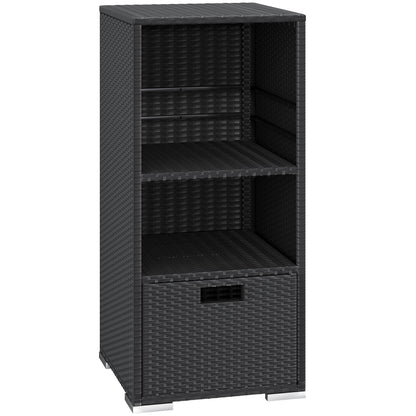 Greesum Rattan Storage Shed, Outdoor Towel Rack with 2 Storage Shelves & 1 Bottom Drawer, Suitable for Pool Patio Garden Deck, Black