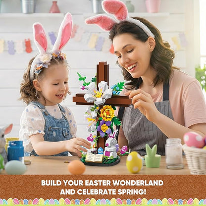 Easter Cross Flower Building Blocks Set - Jesus Botanical Lily Cross with Bunny Lamb &amp Eggs - Religious Christian Gifts for Women &amp Adults - Spring Resurrection Home Decor