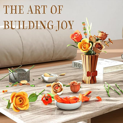 Flowers Set with Vase for Adults Compatible with Lego Flowers Icon Roses Bouquet Botanical Collection Kits Artificial Flower Set Valentines Day Gifts for Her Him Kids 14+ Home Office Decorations