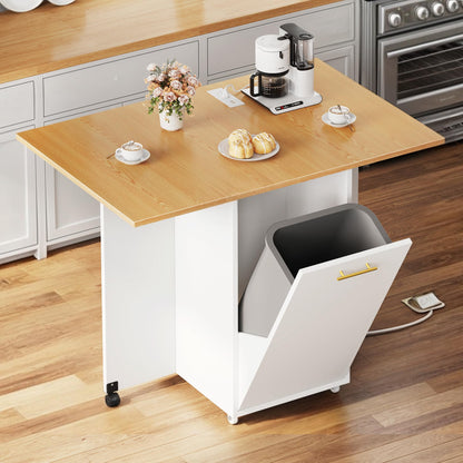 YITAHOME Folding Kitchen Table with Power Outlet, Drop Leaf Kitchen Table Islands for 2 on Wheels, Convertible Trash Can Storage Cabinet for 10 Gallon Garbage Bin, Adjustable Storage Racks, Wihte Oak
