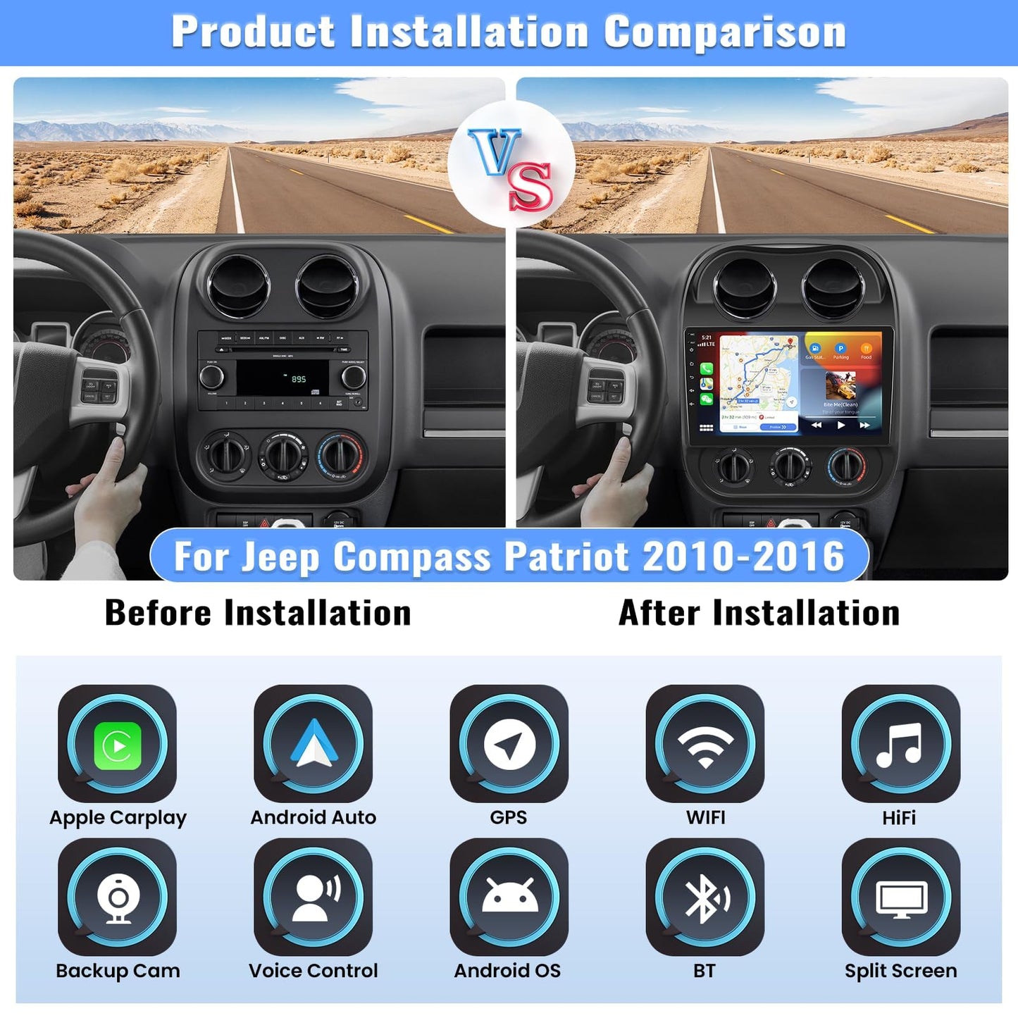 Android 15 4G+128G Car Stereo for Jeep Compass Patriot 2010-2016 with Wireless Carplay Android Auto, 10.1" Incell Touchscreen Head Unit Bluetooth 5.0 32-EQ GPS WiFi FM/RDS Mirror Link SWC Backup Cam