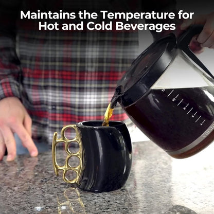 Caliber Gourmet Brass Knuckles Cup - Black and Gold Ceramic Self-Defense Novelty Coffee Mug, Unique Knuckles Mug for Collectors, Perfect Odd Coffee Mug Gift Idea for Christmas, Father's Day & More