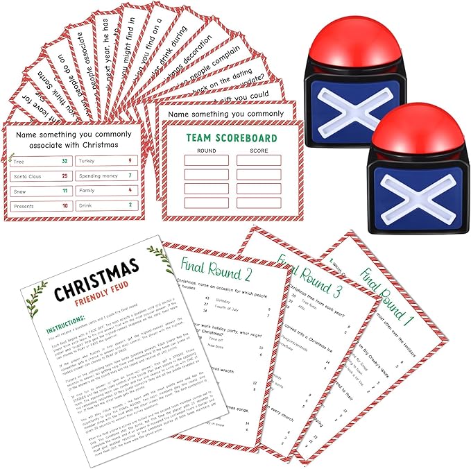 Syhood Christmas Friendly Feud Card Game with 2 Answer Buzzers Fun Xmas Family Trivia Quiz Party Game Night Activities for Adults Office Large Group and Team Building