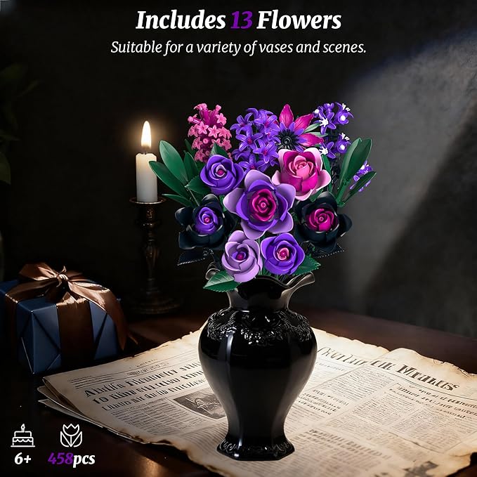 Purple Rose Bouquet Building Set: Compatible with Lego Flowers for Adults Women Gothic Artificial Botanical Collection Halloween Christmas Valentine's Gifts Home Decor