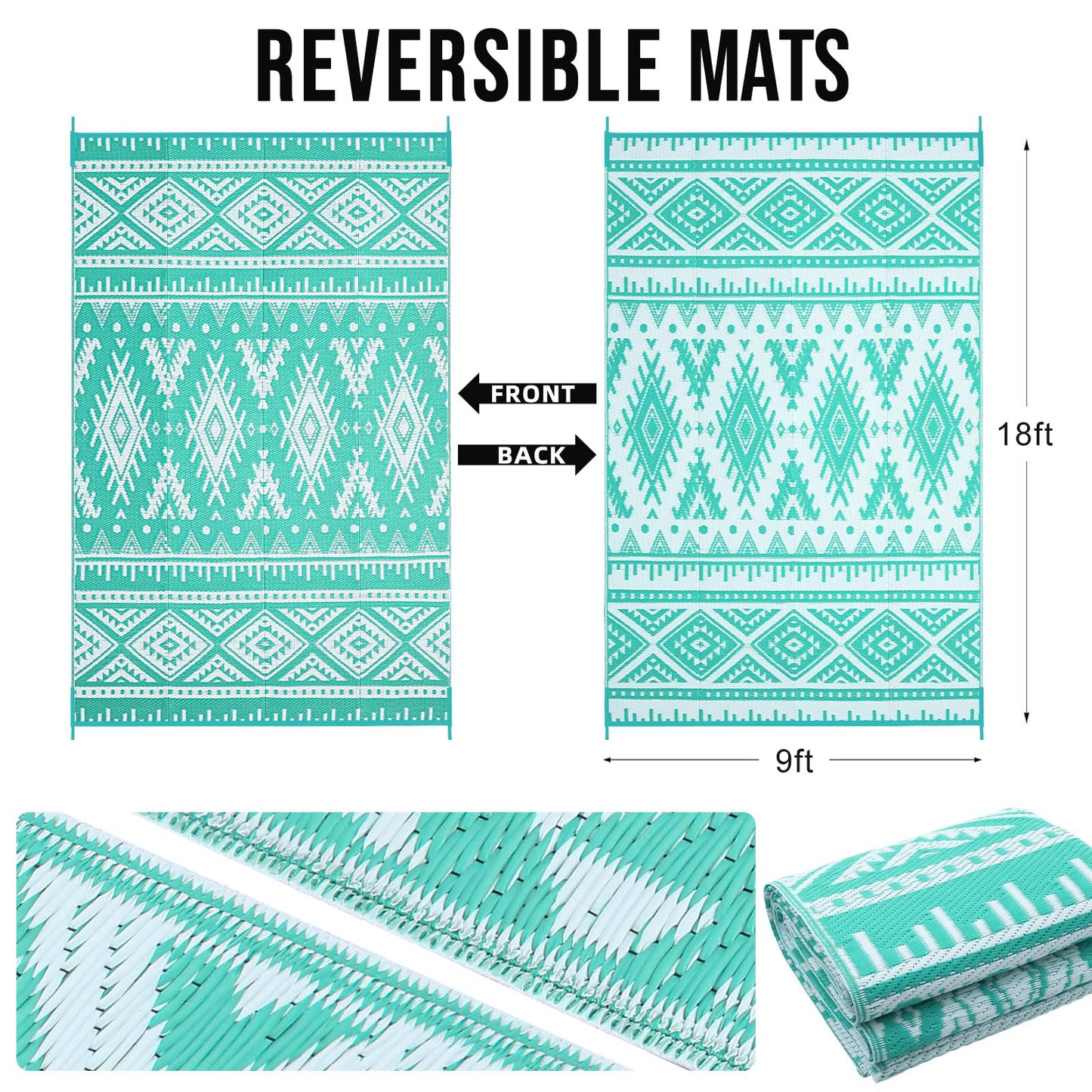 OLANLY Outdoor Rug Waterproof 9x18 ft, Reversible Outdoor Plastic Straw Rug, Boho Patio Rug, Indoor Outdoor Carpet, RV Mat Outside for Patio, Camp, Picnic, Balcony, Deck, Backyard, Turquoise & White
