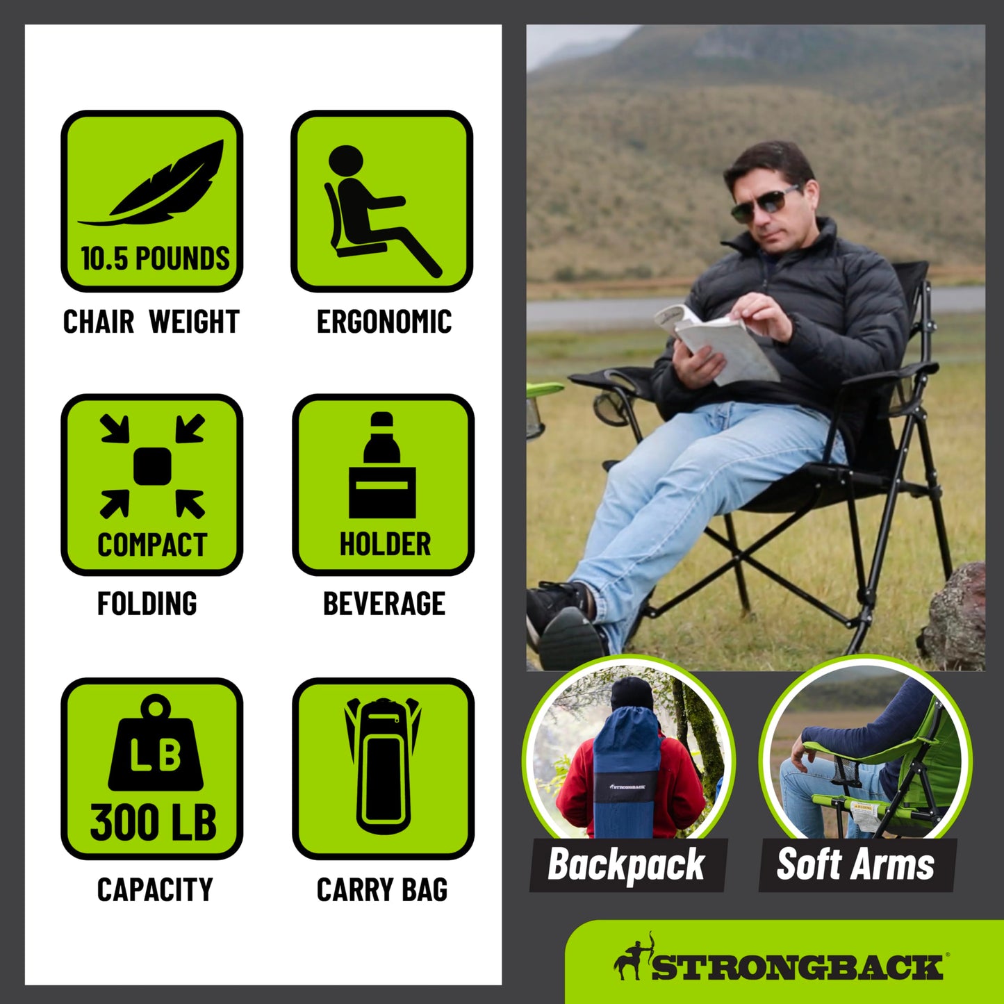 STRONGBACK Camping Chair Guru Heavy Duty Camping Chairs with Lumbar Suppor - Backpack Folding Camp Chair - Navy