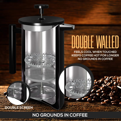 Utopia Kitchen 304 Grade Stainless Steel French Press Coffee Maker 17 Oz, Double Wall Insulated Coffee Press with 4-Level Filtration system, Include 2 Extra Filters, Rust-Free, Black