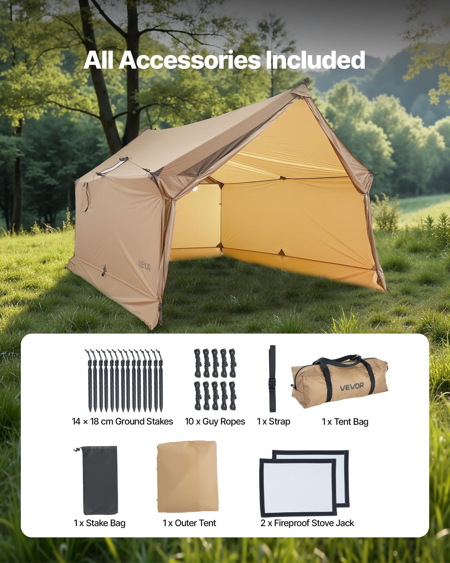 VEVOR Camping Hot Tent, 2 Persons Cabin Hot Tent with Stove Jack, Waterproof Winter Tents Shelters with Vents, Lightweight & Portable 4 Season Tents for Hiking Fishing Hunting Backpacking