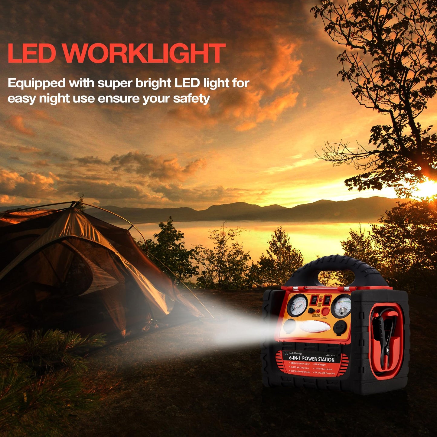 Tyrell Chenergy 2200 Amp Car Jump Starter with Air Compressor,Portable Power Station with 260 PSI Tire Inflator,400W Power Inverter Dual AC/DC Ports,2.1A USB Port,Battery Clamps