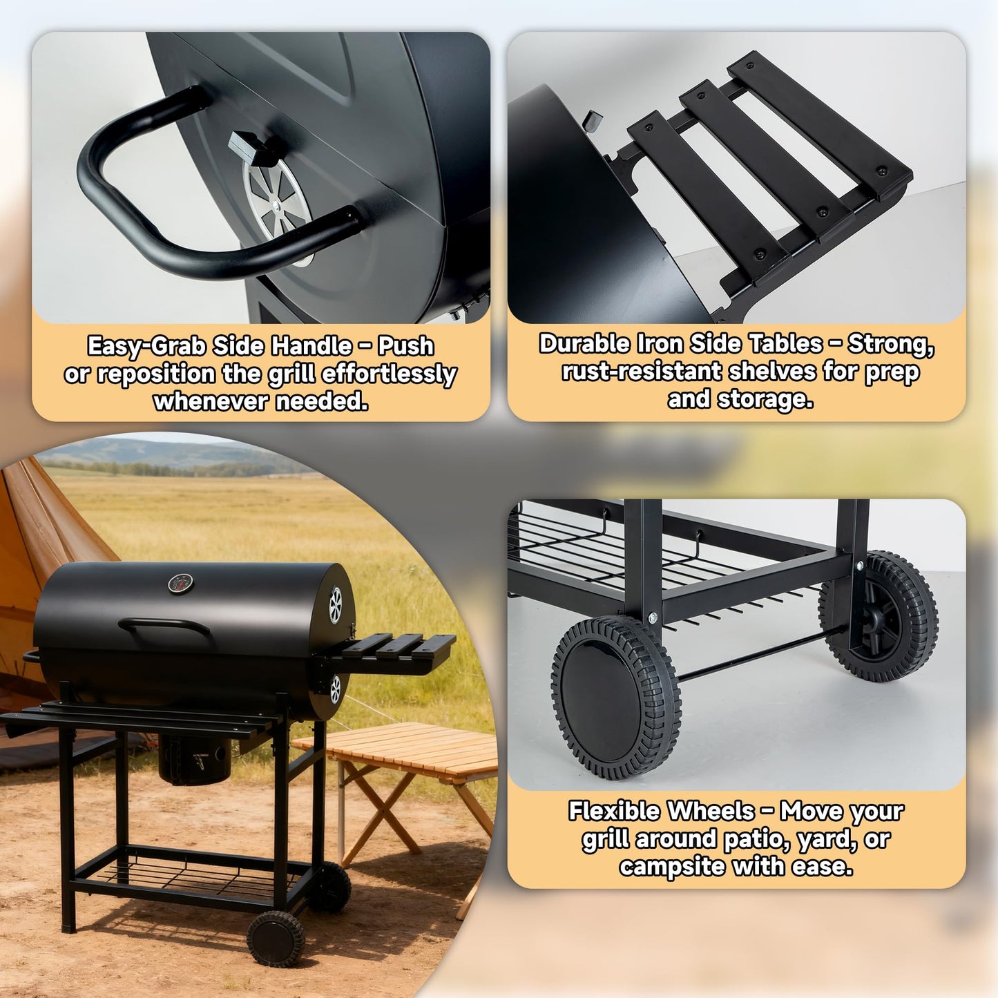 Charcoal Grill with Lid, 27" Outdoor BBQ Grill with Thermometer, Side Shelves, Wheels & Ash Catcher, Large Barrel Charcoal Smoker for Backyard, Camping & Outdoor Cooking