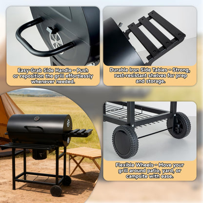 Charcoal Grill with Lid, 27" Outdoor BBQ Grill with Thermometer, Side Shelves, Wheels & Ash Catcher, Large Barrel Charcoal Smoker for Backyard, Camping & Outdoor Cooking