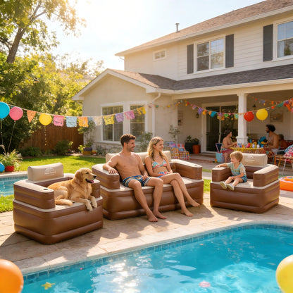 LANMOUNTAIN Inflatable Couch Set with Cup Holders & Pump, Velvety Air Sofa (1 Loveseat 60"x32"x34" & 2 Chairs 41"x32"x34") for Camping & Home