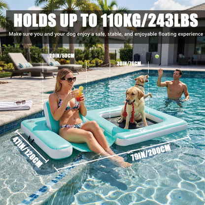 JUSTOOP Inflatable Dog Pool Float with Seat, Durable PVC Inflatable Floating Dock with Mesh Swim Area, Floating Platform Swim Docks for Adults & Dogs, 242 lbs Capacity, Portable Floating Lounge