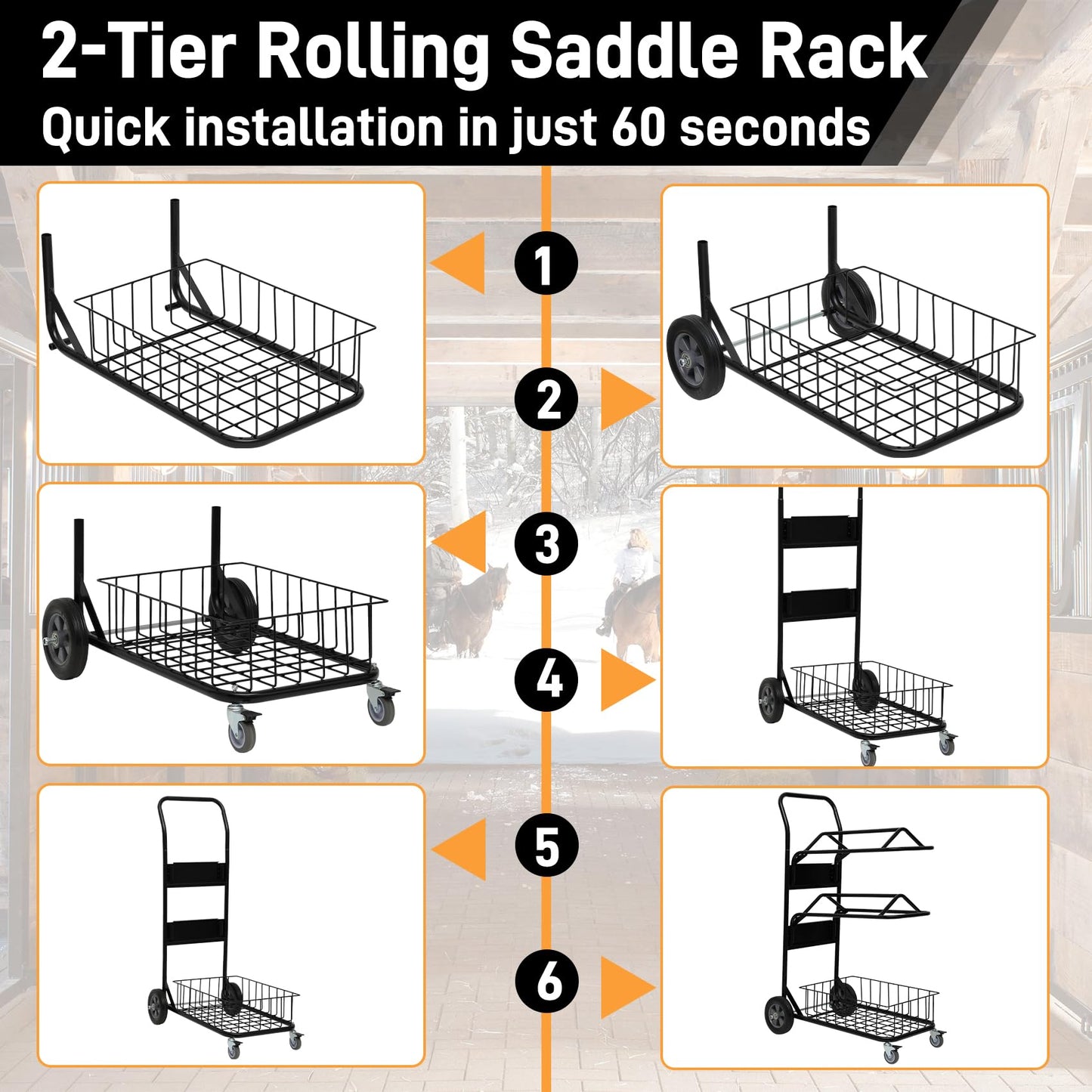 Heavy Duty Two Tier Saddle Rack Stand, Wheeled Saddle Cart with Basket, Ideal for Storing, Transporting, Organizing, and Moving Supplies - Detachable