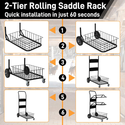 Heavy Duty Two Tier Saddle Rack Stand, Wheeled Saddle Cart with Basket, Ideal for Storing, Transporting, Organizing, and Moving Supplies - Detachable